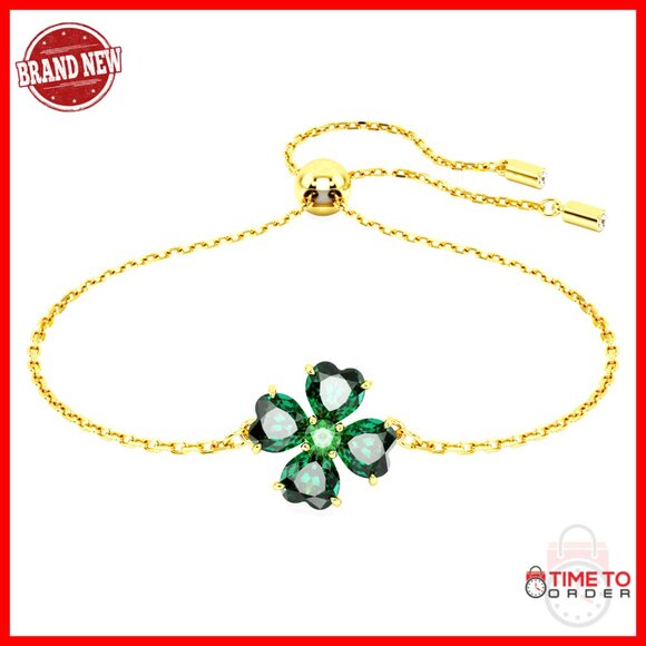 Gold Tone Crystal Bracelet Elegant Clover Motif Fold Over Clasp Minimal Chic